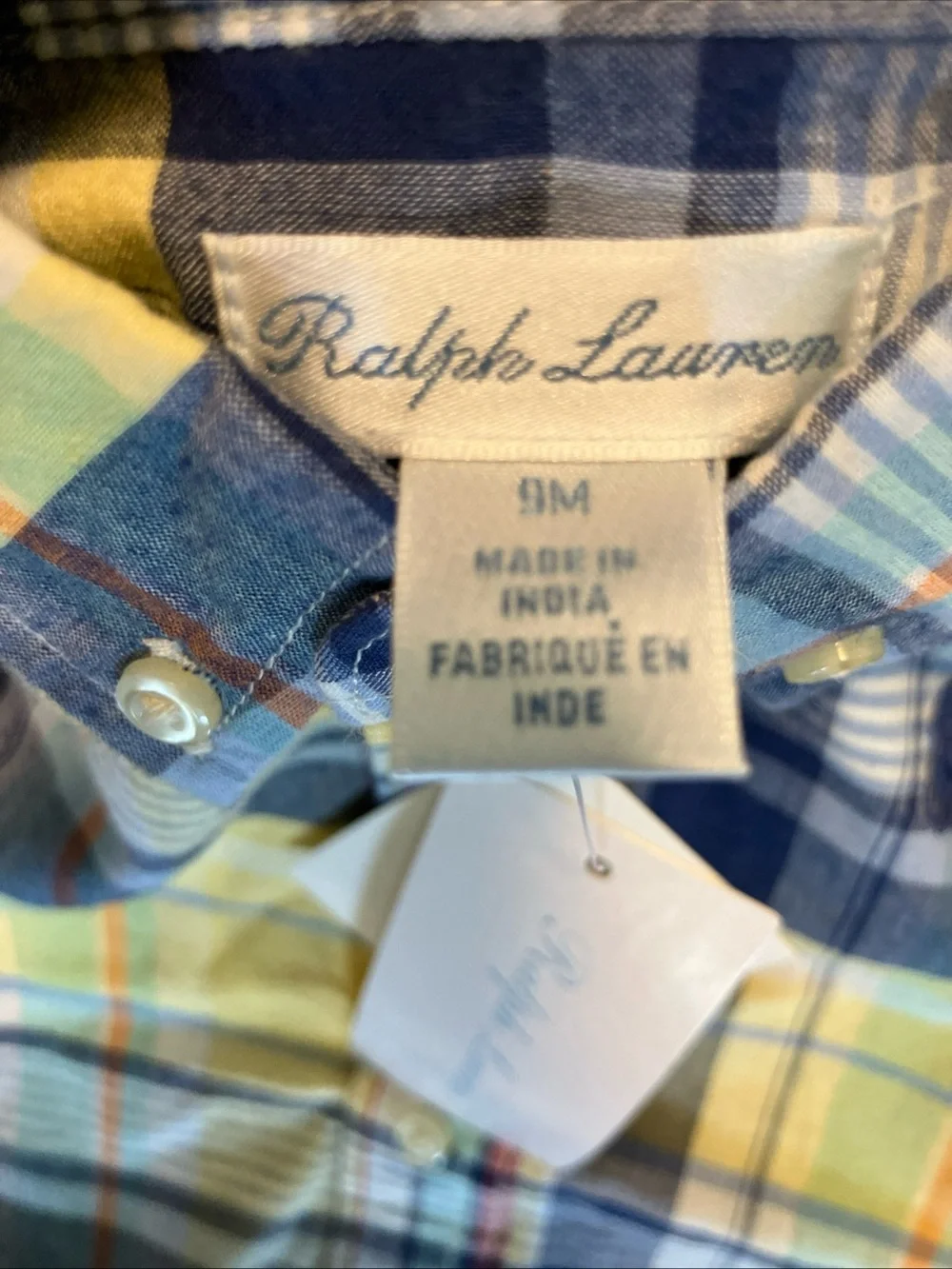 Ralph Lauren Baby Boys Blue Yellow Button up Short sleeve shirt Sz9 Month